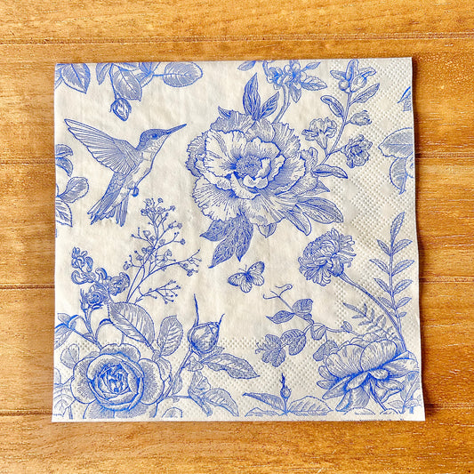 Napkin | Blue and White Floral Hummingbird