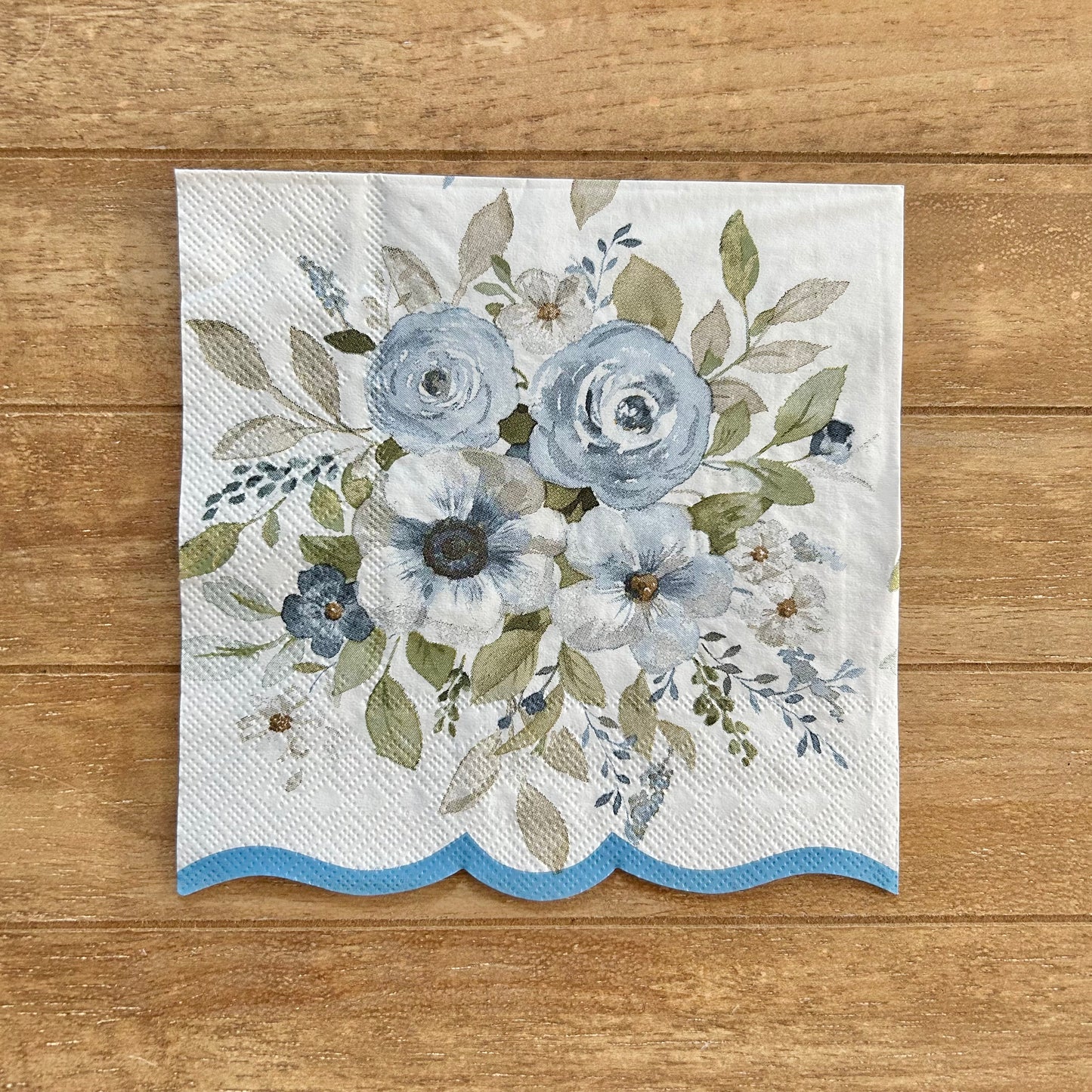 Napkin | Blue Floral with Blue Scalloped Edge