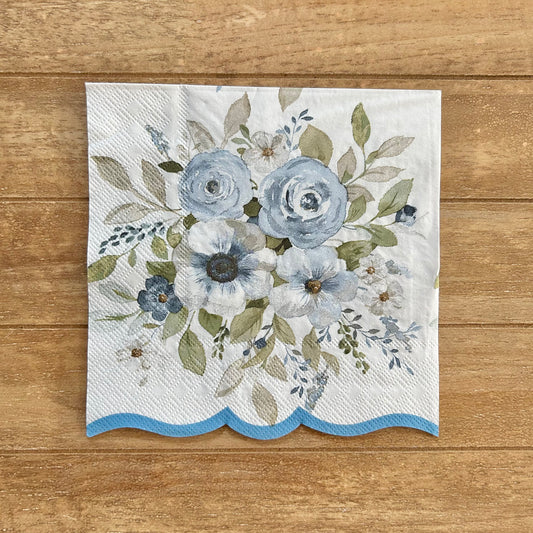 Napkin | Blue Floral with Blue Scalloped Edge