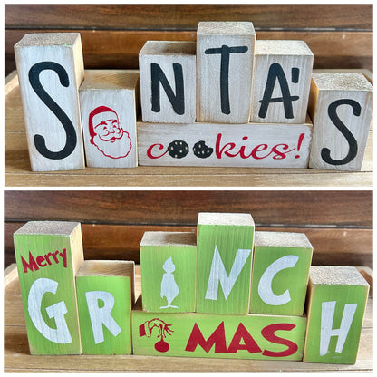 Finished Reversible Mini Blocks | Grinch + Cookies for Santa