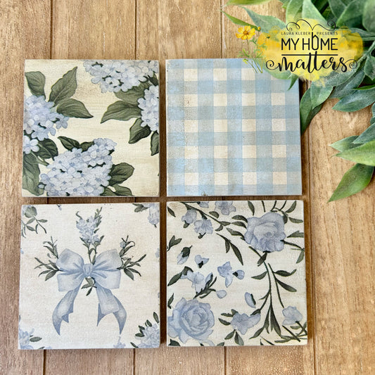 Wooden Coasters | Blue Florals