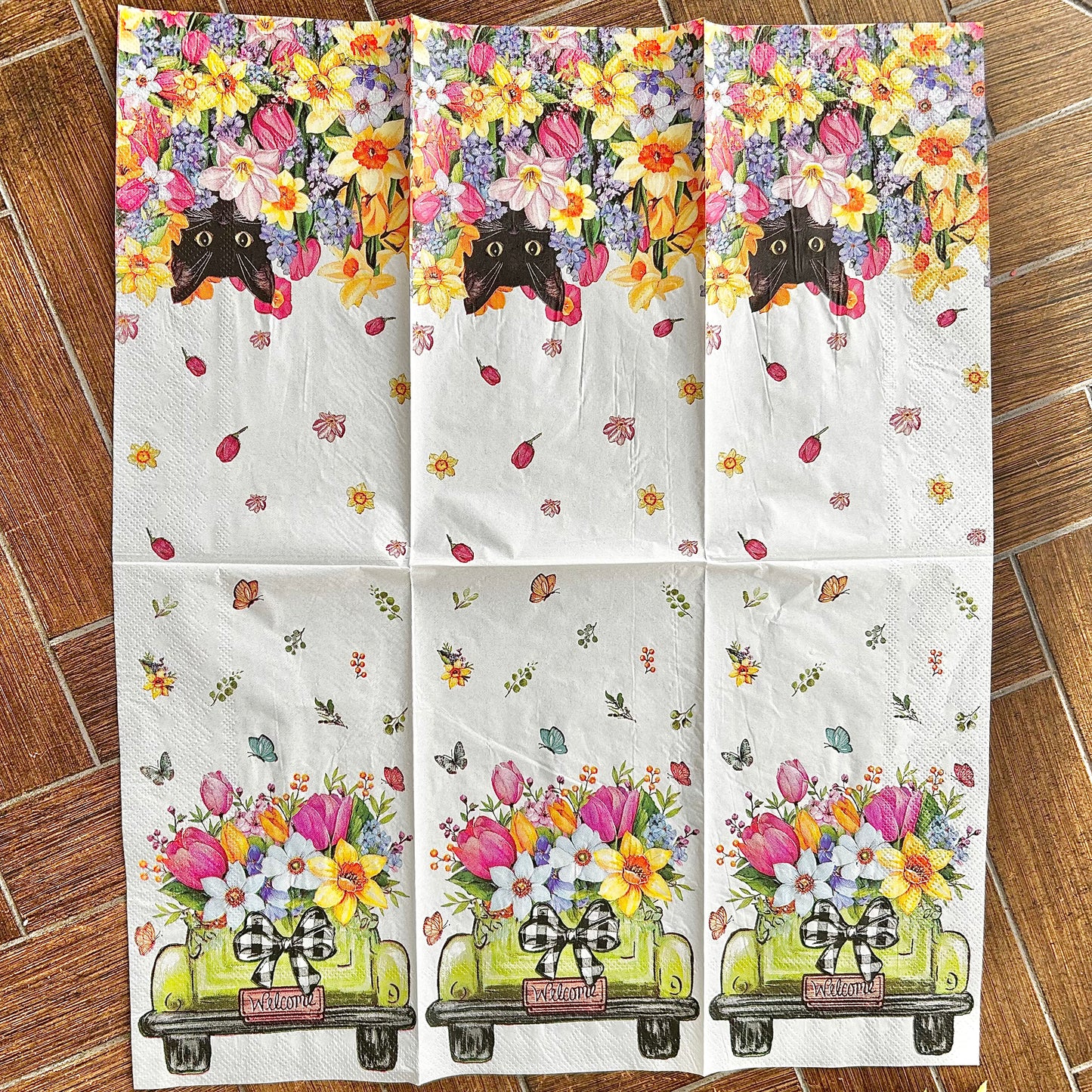 Napkin | Dual Print Spring Flowers Truck and Cat