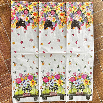 Napkin | Dual Print Spring Flowers Truck and Cat