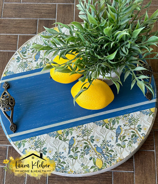 15-inch Round Tray | Blue Birds & Lemons
