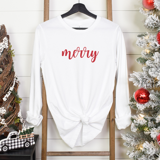 Long Sleeve Unisex Tee | Merry (Red Font)