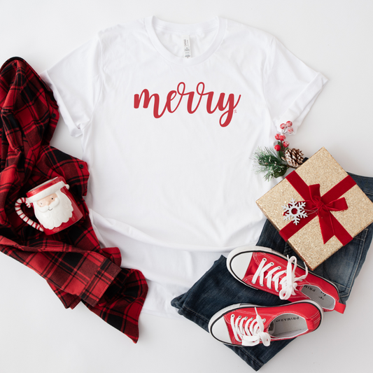 Short Sleeve Unisex Tee | Merry (Red Font)