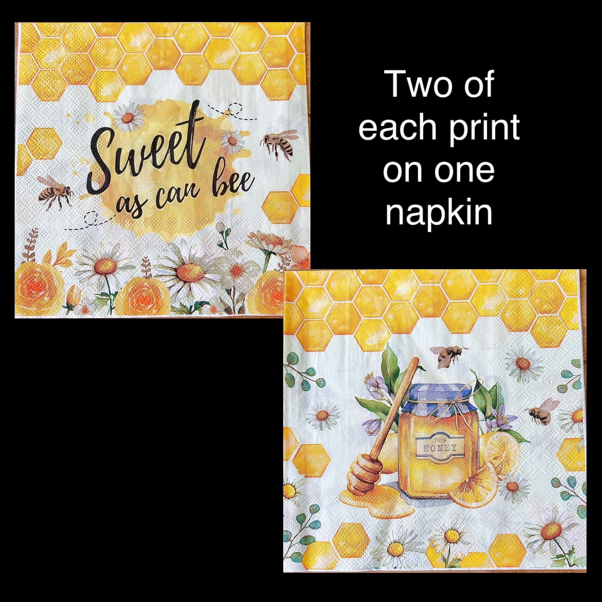 Two honey-themed napkins with bee and floral designs on a black background.