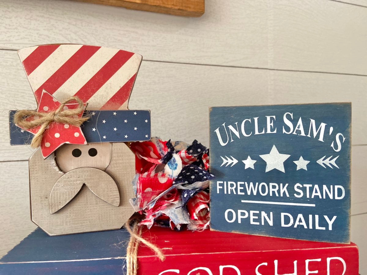 Uncle Sam, Patriotic Pom Pom and Uncle Sam's Firework Stand Sign