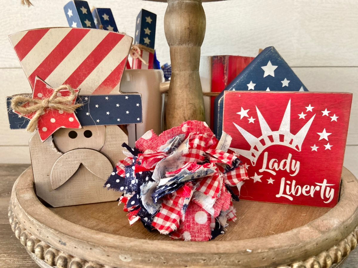 Wooden Uncle Sam Head with Patriotic Lady Liberty Sign